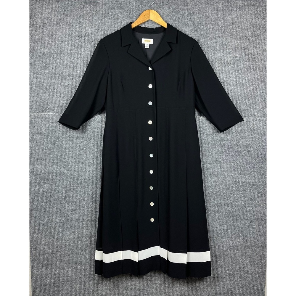 Talbots Petites Midi‎ Dress Womens 14 Black Button Front White Hem Stripe Modest